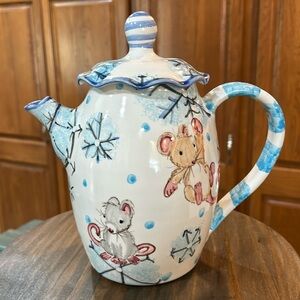 Handcrafted Painted Mouse and Snowflake Glass Ceramic Pitcher with Lid 9 "x 9"